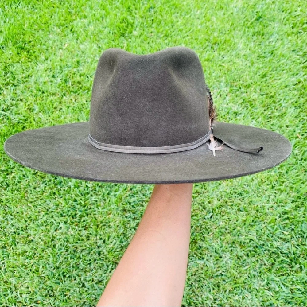 Authentic Custom Stetson Rabbit Felt Fur Green Sage Western Flat Brim Hat - Picture 7 of 11
